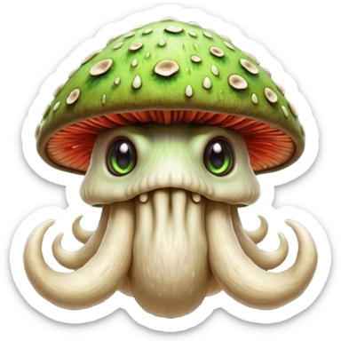 poisonous mushroom beast portrait, head and shoulders only, creature made mostly of mushroom flesh, thick mushroom cap head, layered fungal textures, toxic green spore glow, animal-like eyes, fantasy monster pet vibe, 3D cartoon, mobile game icon style, clean background, no text, no watermark

 sticker