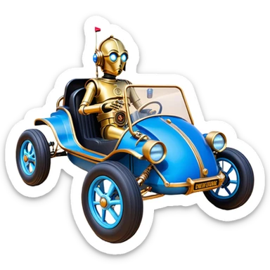  tarnished blue neon underglow C-3PO ghost buster 1964 delicately ornate rosegold wood accents painted Model-T dune buggy buckboard powered by electric motors and batteries with racing safety belts while flying rapidly roughening terrain stable on strong agile advanced suspension and steering sticker