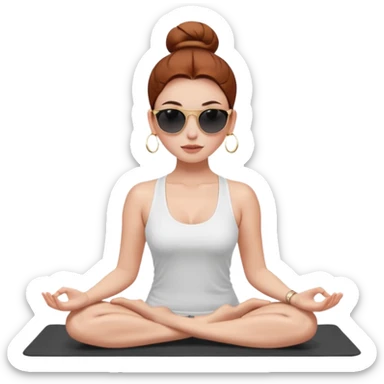 Clean girl influencer character, chest-up portrait.Sleek tight bun hair color (auburn .Natural glossy makeup, soft blush, shiny lips.Minimal white tank top, small gold hoop earrings, delicate gold necklace.Black sunglasses on head.Rolled yoga mat hanging over her shoulder. sticker