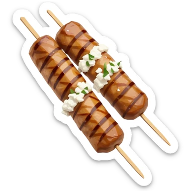 Souvlaki Cinematic Realistic Souvlaki Dish Emoji, depicted as skewered, grilled meat served with a side of crumbled feta cheese, rendered with rich textures and dynamic, appetizing lighting. sticker