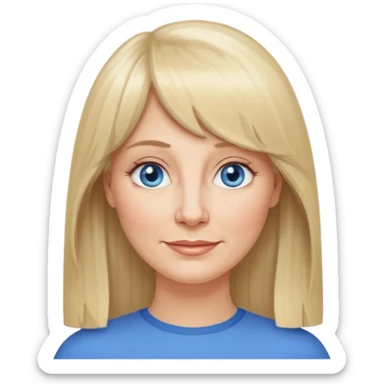 50 yr old white woman, curtain bangs, very long straight blond hair, oval face, small smile, blue eyes, thin face, hair down to elbows, round cheeks, pale sticker