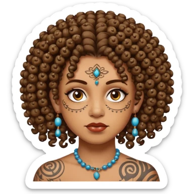 curly haired and heavy face tattoed person with a unique face and style, beads in hair sticker
