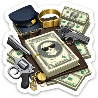 Icon for Action & Crime Reading: an open book, a revolver, handcuffs, a stack of cash. Surrounding elements include a dark alley, a police badge, and a pair of sunglasses. The icon should evoke tension, suspense, and action. Transparent background. sticker