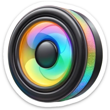 A speaker emoji 🔊 with a smooth CD-like surface that reflects rainbow iridescent colors, glowing RGB light ring around the edge, shiny plastic body, prismatic reflections shifting across the front, soft sparkles and light gleams, holographic sheen, clean simple shape, bright colorful highlights sticker