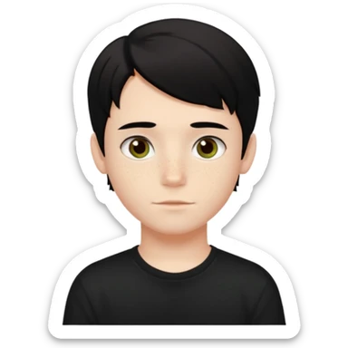 A beautiful boy with black hair and hazel green and brown eyes and white skin , with dark freckles and black t shirt with HAIRCUT: middle part hair hair with a center part haircut  sticker
