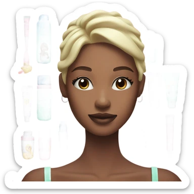 Generate emoji skin care cosmetics jars and tubes pink, light green and blue and a girl with blond hair next to her sticker