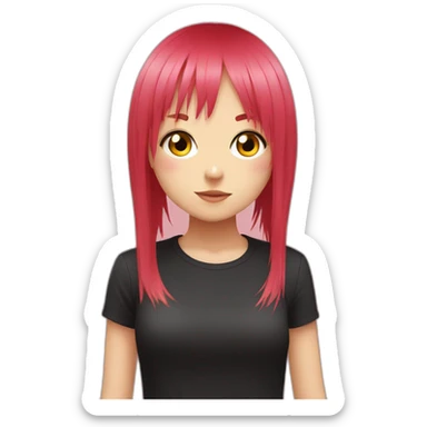 (gril) makima from the manga chainsawman with pink/red hair fringe, yellow eyes with a circle inside and a black shirt sticker