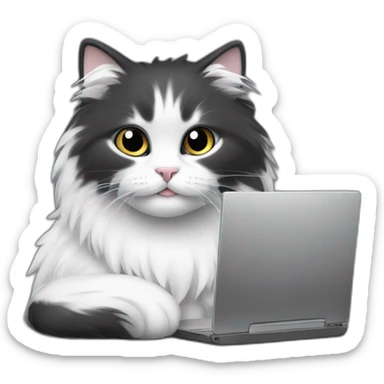 fluffy cat black and white near the computer sticker
