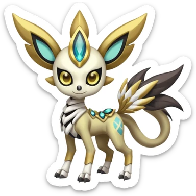 Cute Big-eyed anime-styled Colorful Shiny Tribal Skeletal masked armored Meloetta-Silvally-Solgaleo-Raikou-Pokémon-Digimon-Fakémon-fusion-hybrid-creature, full body sticker