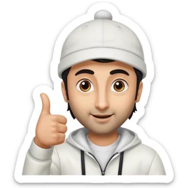 generate a pretty bratz emoji of ranbir kapoor wearing a white cap and doing a thumbs up sticker