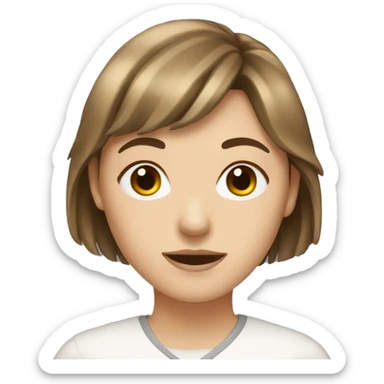 young white woman with brown hair and a fringe sticker