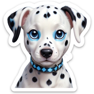 Cinematic Cute Harlequin Dalmatian Portrait Emoji, Head tilted playfully and inquisitively, featuring a glossy Fur of predominantly white with dynamic black patches, round, sparkling blue eyes filled with gentle curiosity, Simplified yet irresistibly adorable features, highly detailed, glowing with a warm, friendly glow, high shine, affectionate and gentle, stylized with a touch of whimsy, bright and endearing, soft glowing outline, capturing the essence of a mischievous yet loving pup, so playful it feels like it could lumber out of the screen and into your arms! sticker