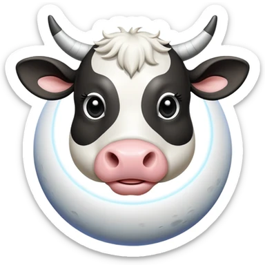 A playful cow-Saturn hybrid with the cow's head on top of the ringed planet, udders visible underneath, and legs sticking out from the sides sticker