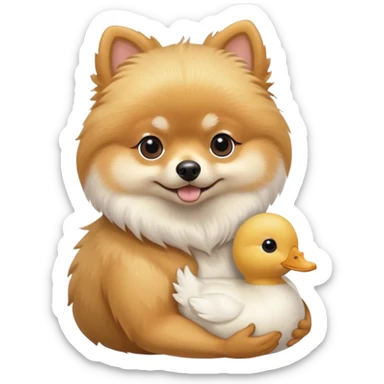 Pomeranian carrying a stuffed white toy ￼duck sticker