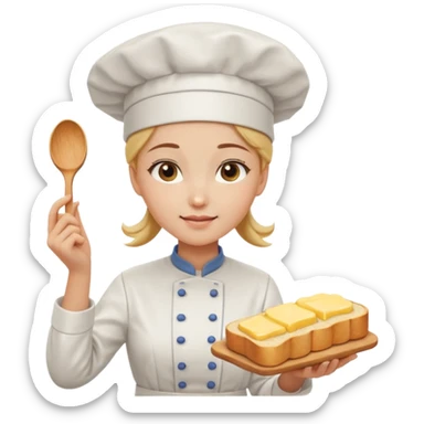 Young female baker - white chef hat, spreading butter on bread sticker