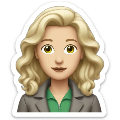 28 old women, white skin, long blond-brown hair, green eyes, red shirt in a gray jacket sticker