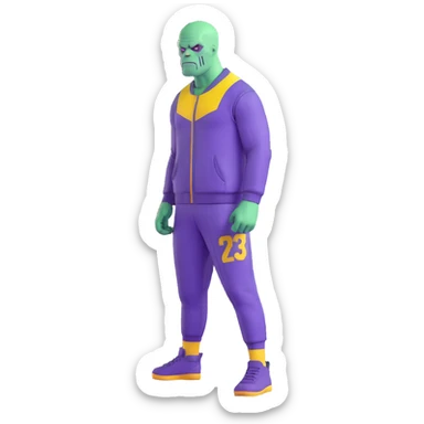 purple-skinned Thanos wearing a green Squid Game player tracksuit with number 230 sticker