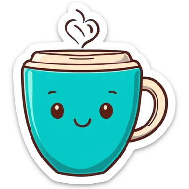 smiling hot coffee cup with heart-shaped steam, mocha brown tones, kawaii soft hand-drawn sticker