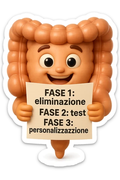 emoji stile iphone 3d di un intestino che tiene in mano un foglio con la scritta "FASE 1: eliminazione, FASE 2: test, FASE 3: personalizzazione, IPERREALISTICO 4K sticker