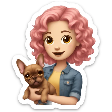  girl with medium pink wavy hair holding a brown french bulldog puppy  sticker
