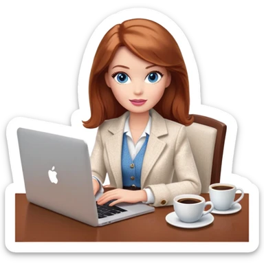 A Barbie girl with blue eyes, shoulder-length reddish-brown hair, made-up, wearing a white tweed jacket and beige skirt, is sitting at a table with a MacBook and a cup of coffee sticker