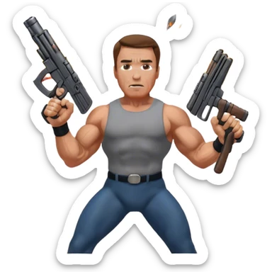 Icon for Action Movies: Arnold Schwarzenegger in the lead role, in an intense action pose with weapons, explosions, and dramatic background. The design should evoke the classic action movie feel with muscle-bound heroes and high-energy sequences. Transparent background. sticker