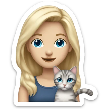 Girl with blonde hair blue eyes holding fluffy gray tabby cat sticker