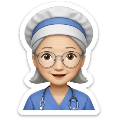 OLD ASIAN WOMAN WITH GLASSES, NURSE SCRUBS, CAP, HIDDEN HAIR sticker