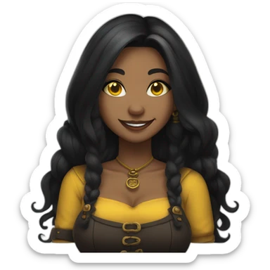 a woman, curvy, long black hair, yellow eyes, a septum piercing, tattoos, a black and yellow tavern keeper outfit, she laughs sticker