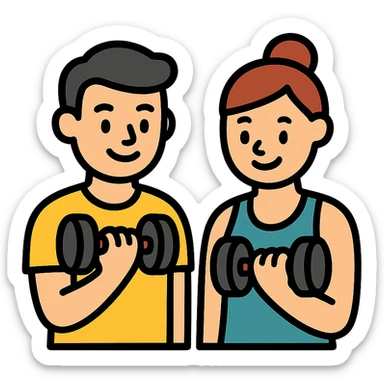 two friendly gym buddies working out together, simple and clear icon design sticker