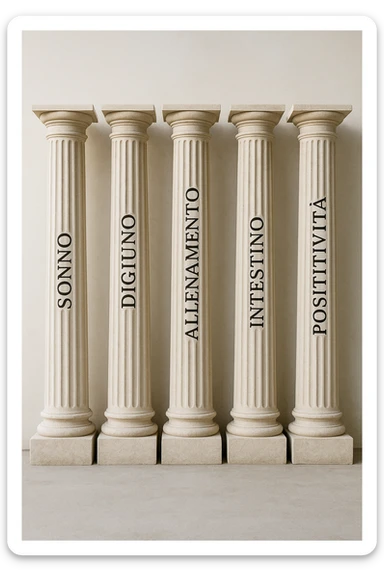 5 pilastri con le scritte "SONNO", "DIGIUNO", "ALLENAMENTO", "INTESTINO", "POSITIVITà" IMMAGINE IPERREALISTICA SFONDO CHIARO IN ITALIANO sticker