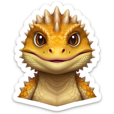 Cinematic Noble Bearded Dragon Portrait Emoji, Poised and regal, with a robust, angular build and a textured, scaled hide in earthy olive and sandy tones, a prominent spiky 'beard' beneath its chin and a keen, alert gaze, Simplified yet sharp and sophisticated features, highly detailed, glowing with a soft, dignified glow, high shine, intelligent and fierce, stylized with an air of desert majesty, focused and attentive, soft glowing outline, capturing the essence of a watchful and commanding reptile, so majestic it feels as though it could scuttle out of the screen with effortless authority! sticker