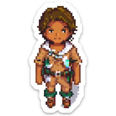 Make the boy's skin tone tan, keep everything else the same, pixel art style, with no background. sticker