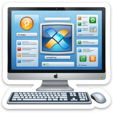 An icon featuring a computer screen with an operating system interface, showing windows, icons, and a taskbar. The design includes code snippets, system settings, and a gear symbol, representing the management and control of computer hardware and software. Transparent background sticker