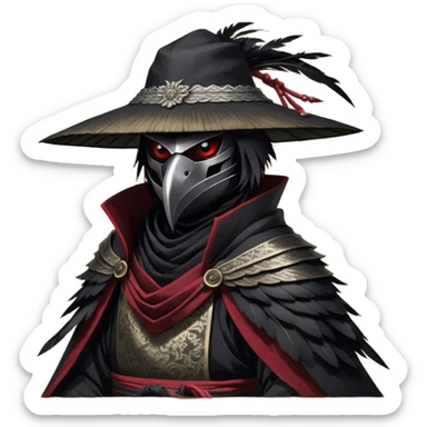 A fierce Kenku samurai with sleek black feathers, piercing crimson eyes glowing under the shadow of his straw hat. His sharp beak is partially covered by a black cloth mask, adding to his air of mystery. He wears layered black and crimson armor, intricate silver engravings etched into the metal plates. A long, tattered cloak billows behind him, worn from countless battles. His clawed hands grip the hilt of a curved katana, its polished blade reflecting the moonlight. Wisps of mist swirl around his taloned feet as he stands motionless sticker