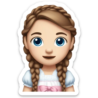 Little Girl with White skin, blue eyes. Long brown hair with two braids and two pink bows in it. She is wearing a pink and White dress, standing and holding on to a teddybear. sticker