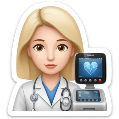 Cardiac sonographer with Philips ultrasound machine sticker