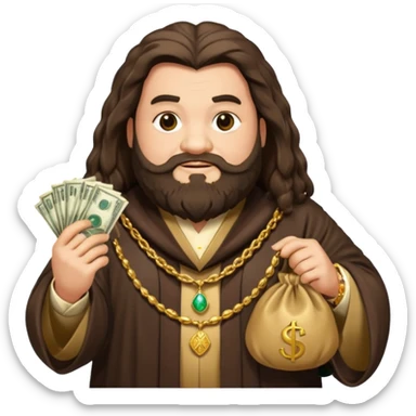 Hagrid from Harry Potter depicted as wealthy, wearing luxurious robes, gold jewelry, and holding a money bag, emoji style sticker