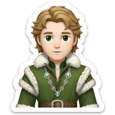 Medieval winter outfit worn by a DnD themed fantasy male character. Heavy olive green wool tunic with lynx fur collar, secured with ornate silver fastenings and a thick embossed leather belt. Clothes only above the waist, full waist coverage. The character has no arms. Character is white-skinned with golden brown hair, forest green eyes, and shoulder-length wavy hair with ice-crystal highlights. sticker