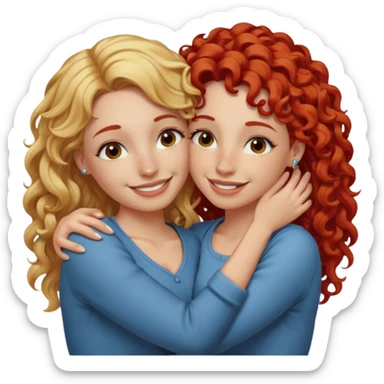 A woman with straight blonde hair and a nose piercing and a woman with curly red hair and a nose piercing are hugging and smiling together. sticker