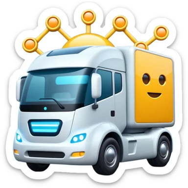 create a realistic emoji of a futuristic warehouse automation, autonomous trucks, smart drones, and glowing data networks — cinematic lighting, innovation atmosphere. sticker