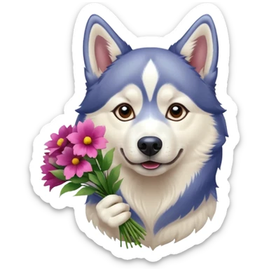 siberian husky dog holding flowers sticker