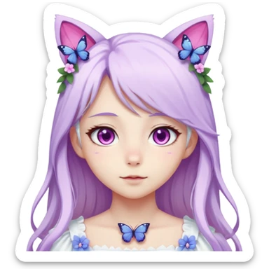 female anime character with pink eyes long white hair periwinkle highlights and cat ears on her head. She is wearing a white dress with purple flowers and butterfly. sticker