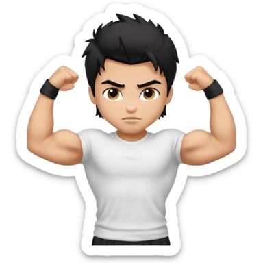 generate a pretty tan bratz boy with black messy hair flexing his biceps. wearing white tshirt sticker