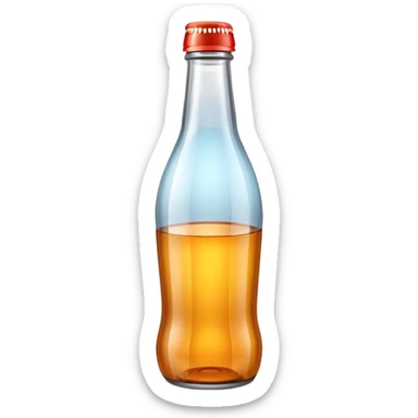 A 3D Apple-style empty soda bottle emoji, classic transparent glass with a narrow neck, no liquid inside, shiny reflective surface, light highlights on the glass, simple round body with a small cap, clean minimal background. sticker