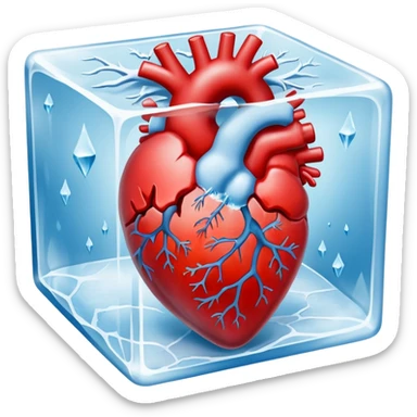 A highly detailed, realistic human heart frozen solid inside a transparent cube of ice, with visible cracks, frost, and cold mist surrounding it, dramatic lighting, dark background sticker