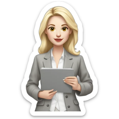 pale skin woman interior designer with cold blonde straight middle length hair, White blouse, Gray oversize jacket, Gray skirt holding a color palette in the hands sticker