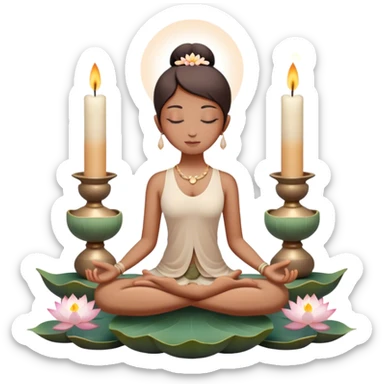 A photorealistic icon featuring a peaceful meditation pose, lotus flowers, candles, and calming natural elements like stones and incense. Soft, tranquil colors with detailed textures and lighting that convey a sense of calm and mindfulness. Transparent background. sticker