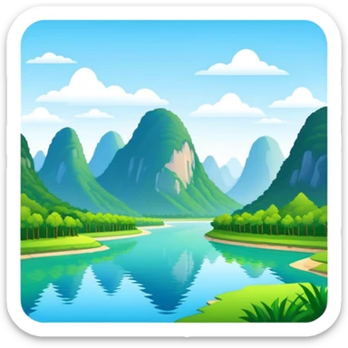 Li River karst mountains Guilin, simplified emoji style with bold outlines and bright colors, cartoon style mountains with river sticker