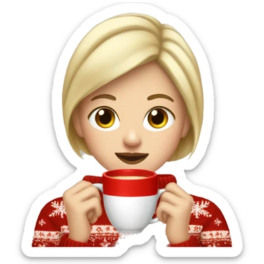 Short haired blonde girl drinking coffee wearing Christmas sweater sticker